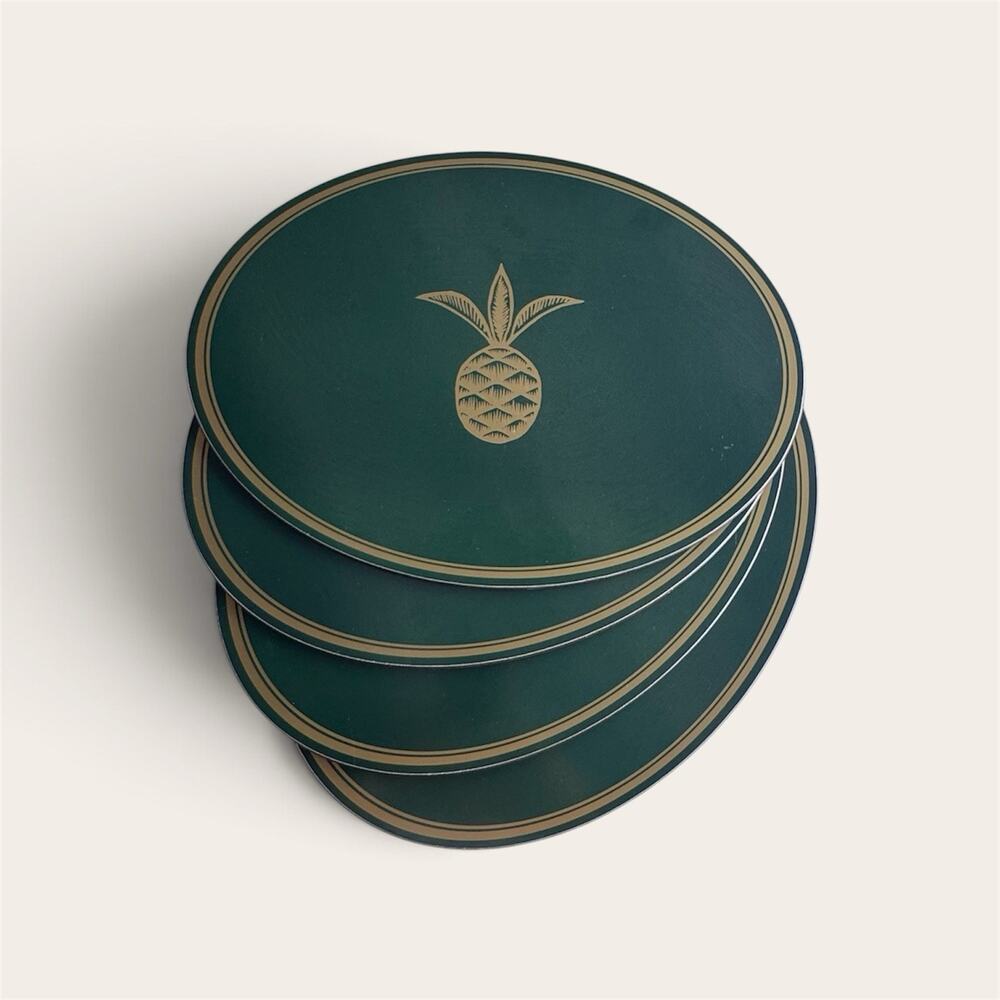 Vintage Acorn New Canaan CT Cork Placemats Emerald Green With Gold Pinapple 4pcs